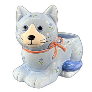 VTG Otagiri Japan Blue Cat With Floral Accents Pink Ribbon Small Planter